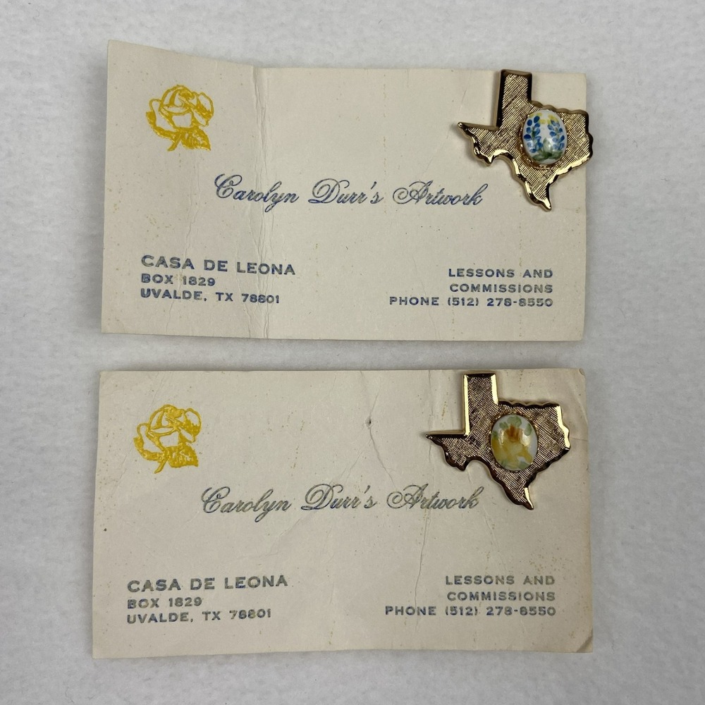 Vintage Carolyn Durr's Artwork Texas State Hand Painted Porcelain Pins Set of 2
